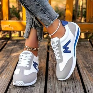Women's -Adorned Accent Sneakers - Low-Top Lace-Up All-Season White with Beige T-Bar Strap, Breathable Fabric Upper & Cushioned Rubber Sole - Casual s for Office, Parties, Daily Wear -Decorated